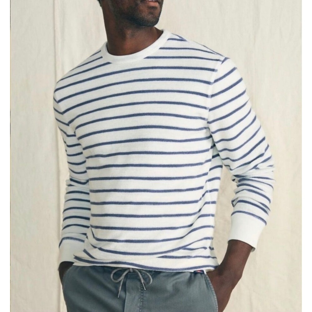 Faherty Cabana Towel Terry Sweater Mens XL White Blue Striped Coastal Nautical
